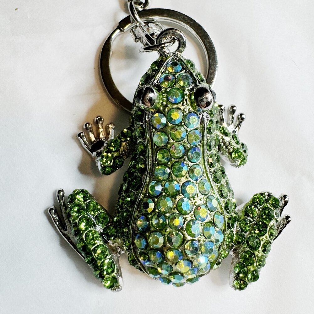 Green crystal encrusted frog keychain, NWT, silver tone metal